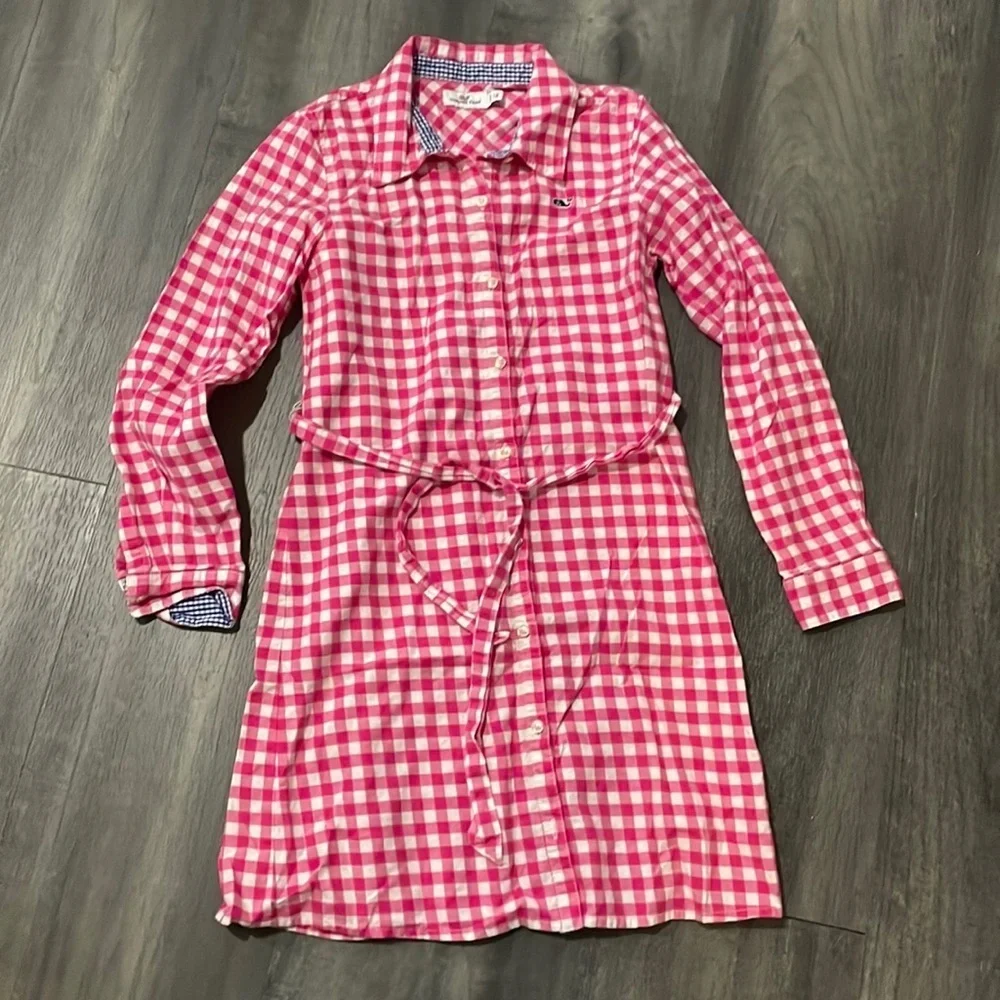 Vineyard Vines Pink Gingham Long sleeve shirt dress with tie belt size 12